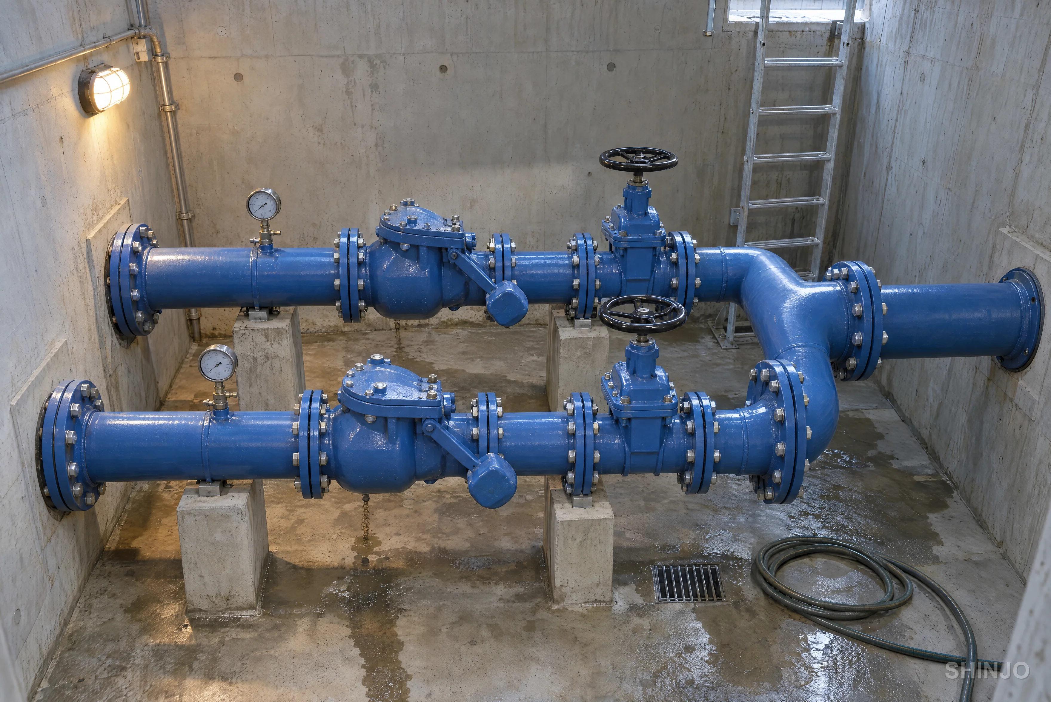 Duplex lift station valve chamber: each discharge line has a gauge, swing check valve and gate valve before the force main