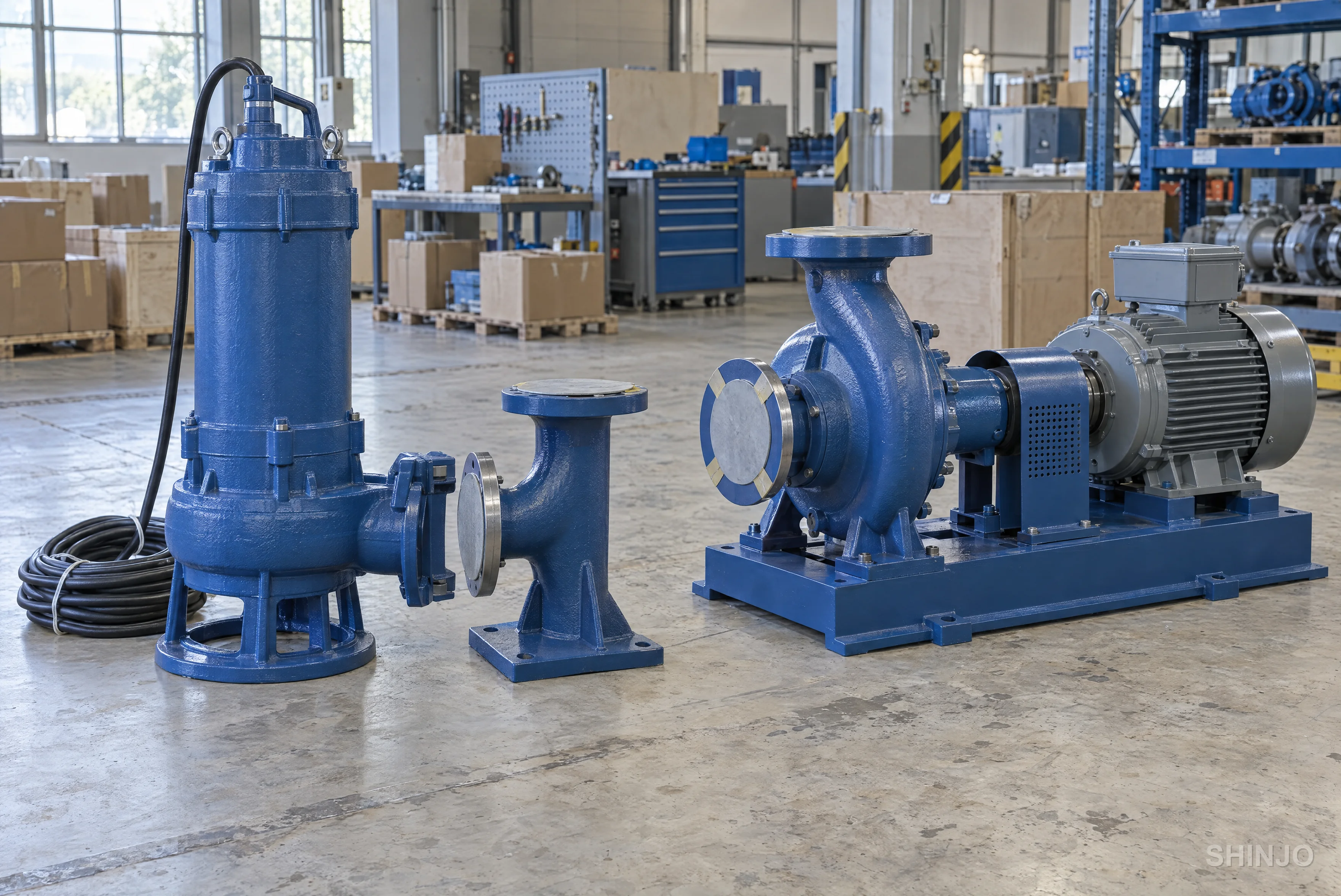 Submersible sewage pump beside its duck-foot discharge bend, and a dry-pit pump coupled to a motor on a baseplate