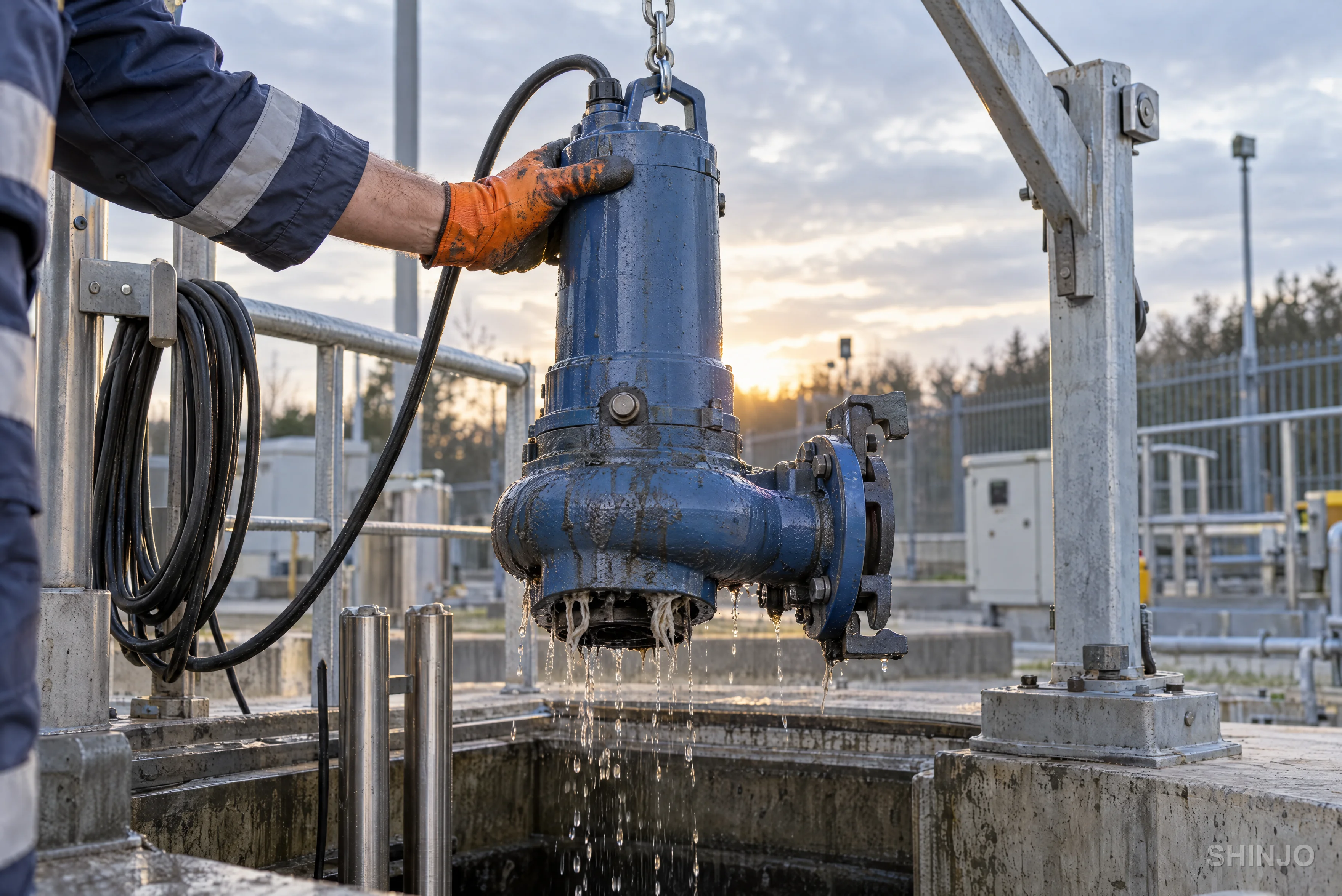 Submersible pump lifted from a wet well on its chain for service, cable coiled, a gloved hand steadying the motor housing