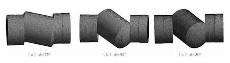 Finite element model and mesh division of the ball valve fluid domain at different opening angles