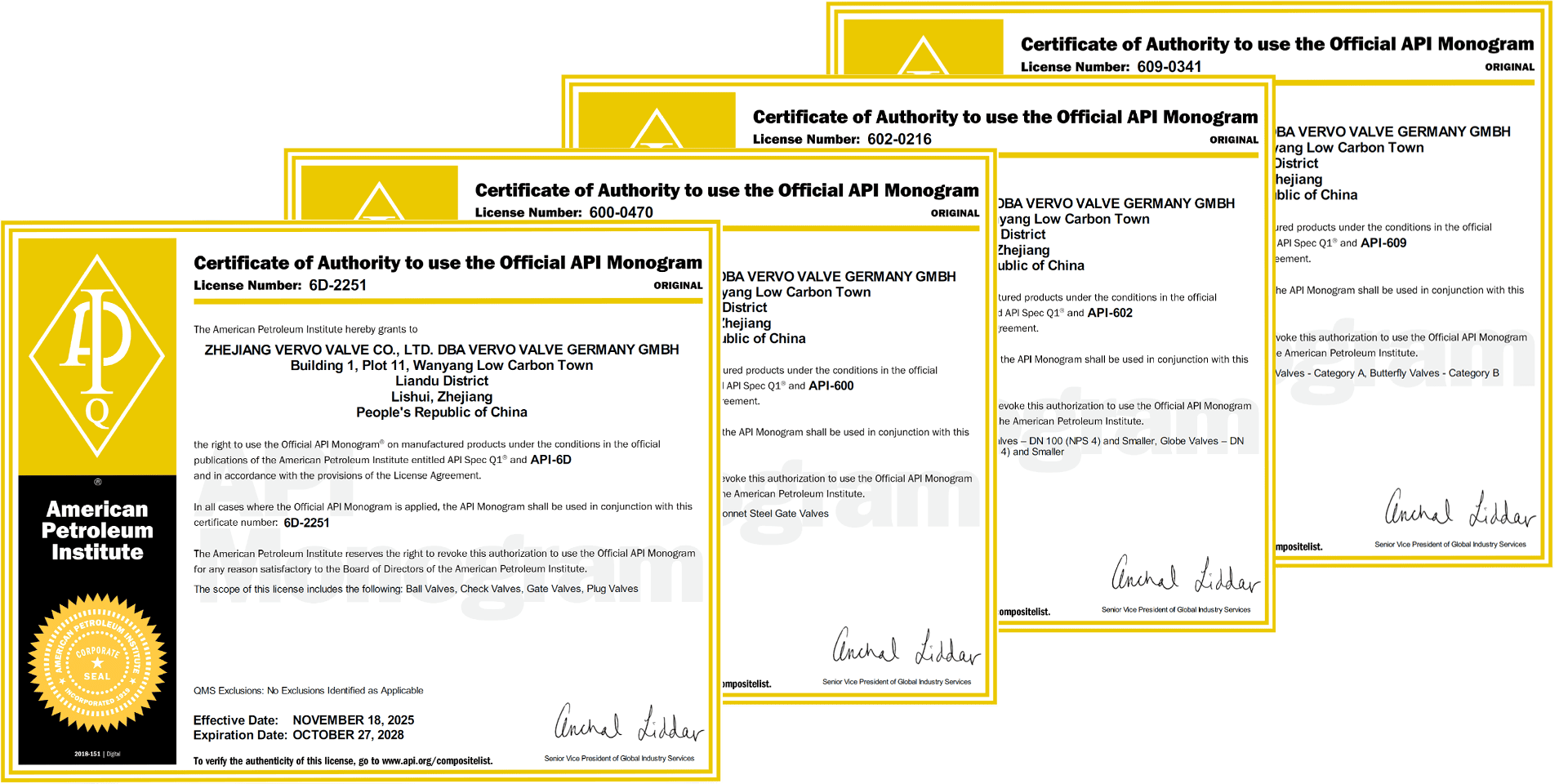 VERVO Valve Certificates of API 6D, API 600, API 602, API 609