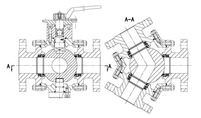 A conventional Y-type three-way ball valve structure