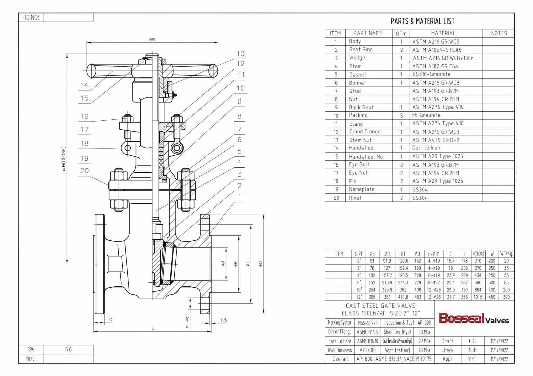 Flanged Gate Valve Tech Drawing