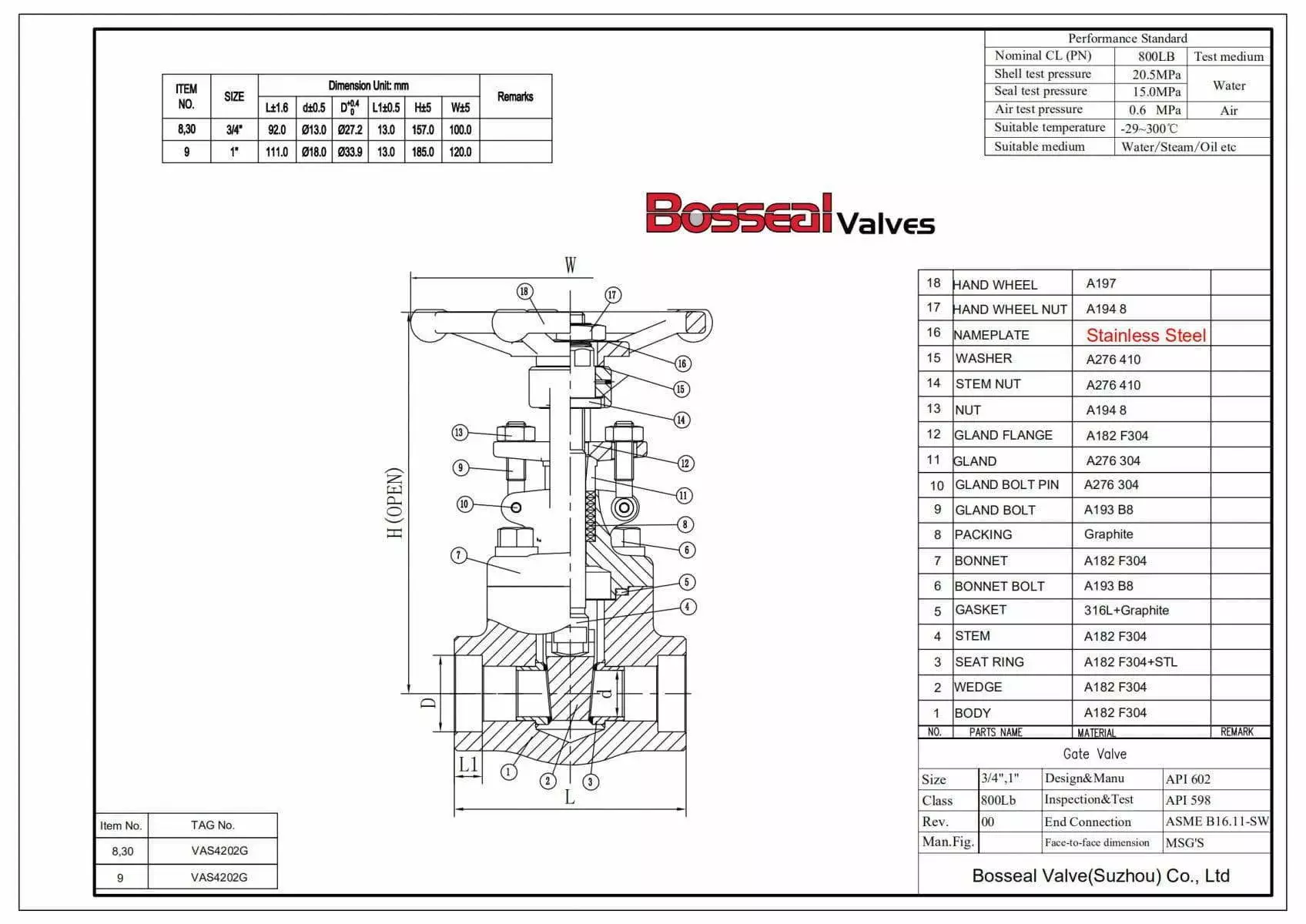 F304 Forged Gate Valve Tech Drawing