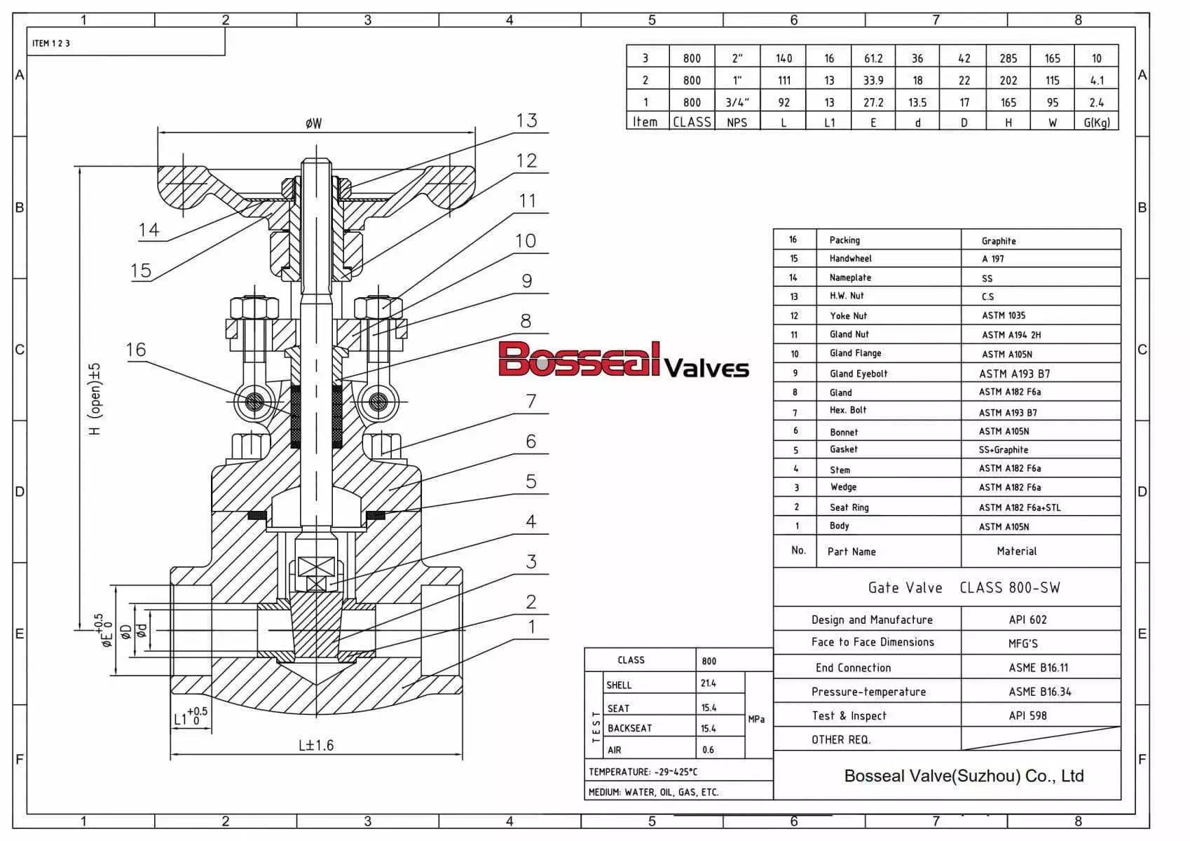800 LB Forged Gate Valve Tech Drawing