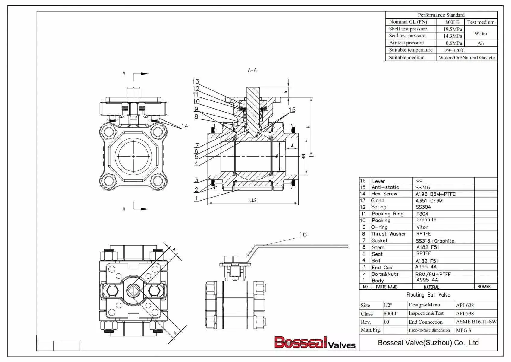 UNS S32205 Floating Ball Valve Tech Drawing