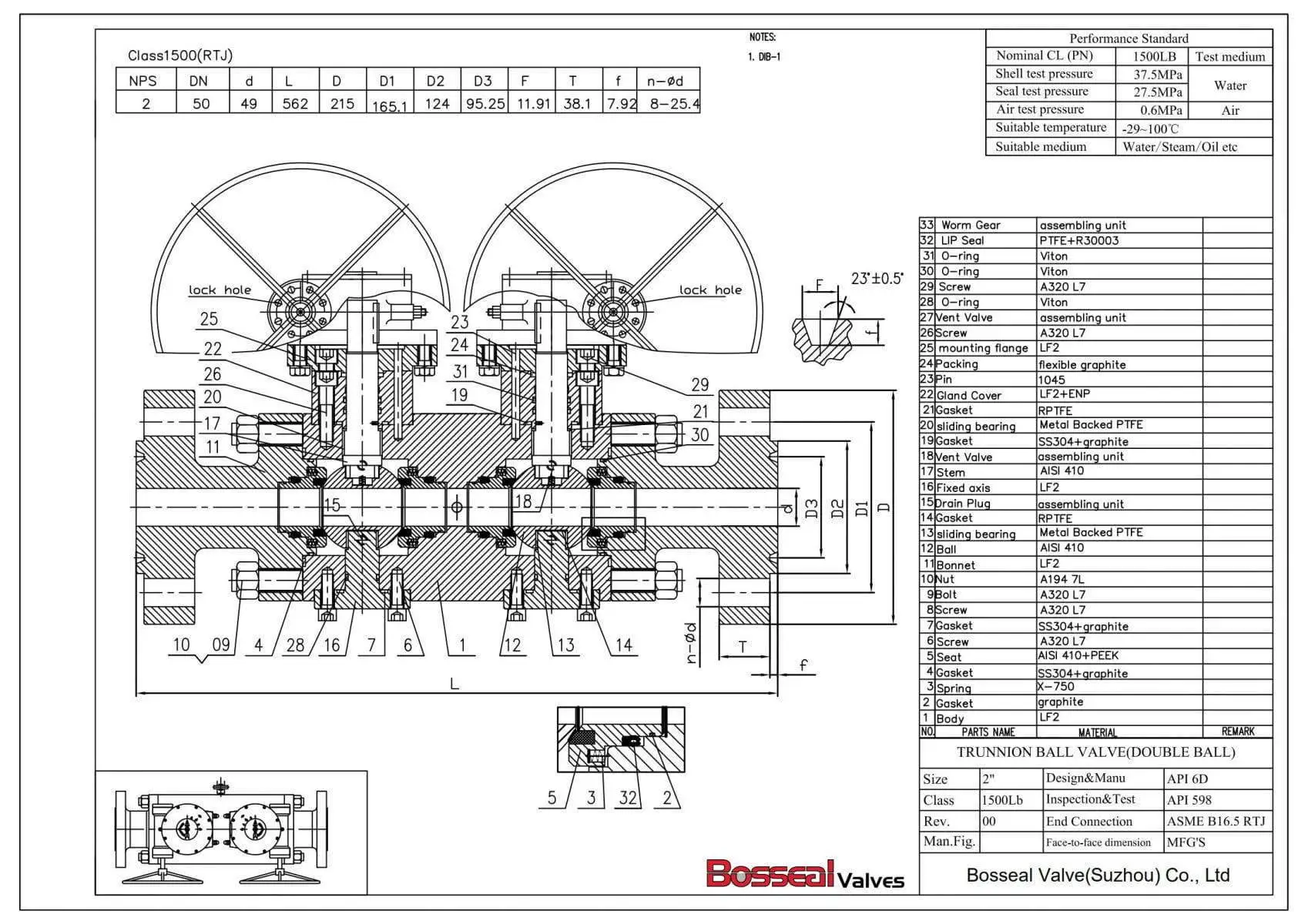 ASTM A350 LF2 DBB Ball Valve Tech Drawing