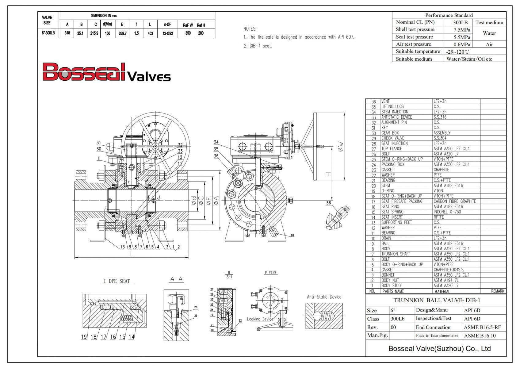 DIB-1  Trunnion Ball Valve Tech Drawing