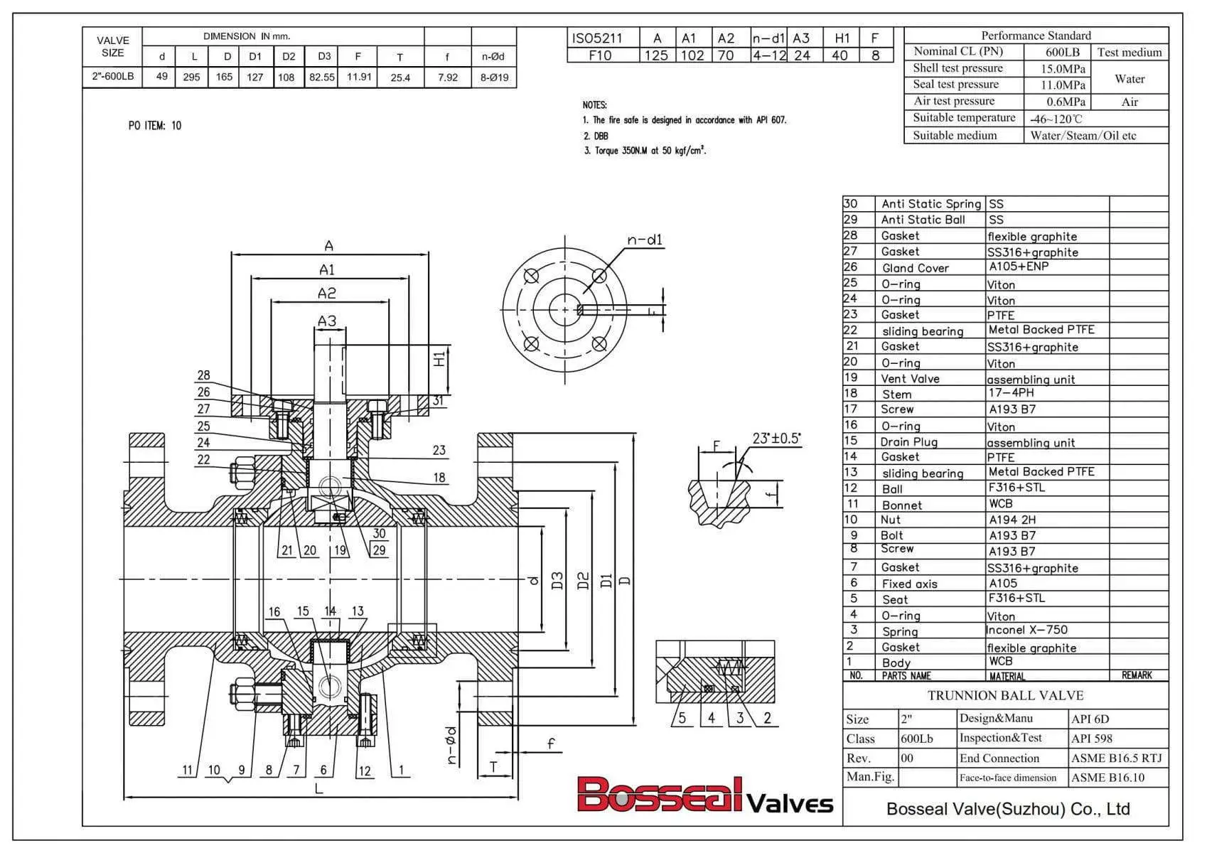 Zero Leakage Trunnion Mounted Ball Valve Tech Drawing