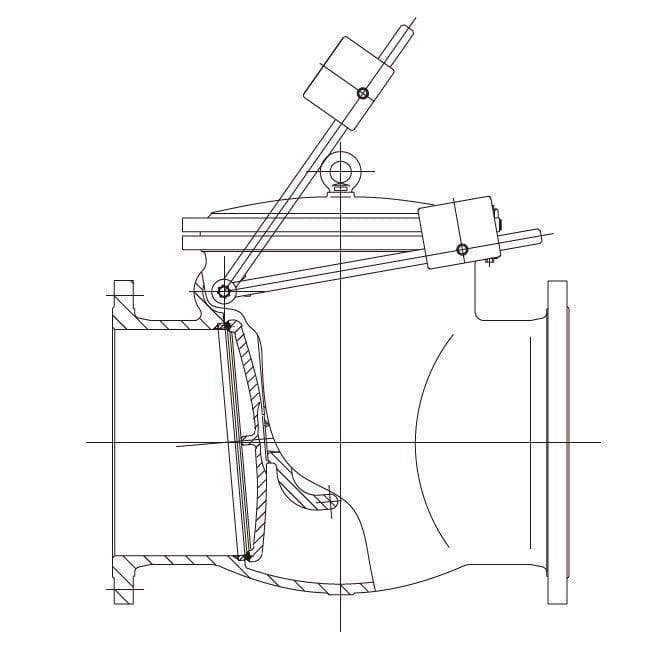 Válvula de retención giratoria con caja de amortiguación y martillo