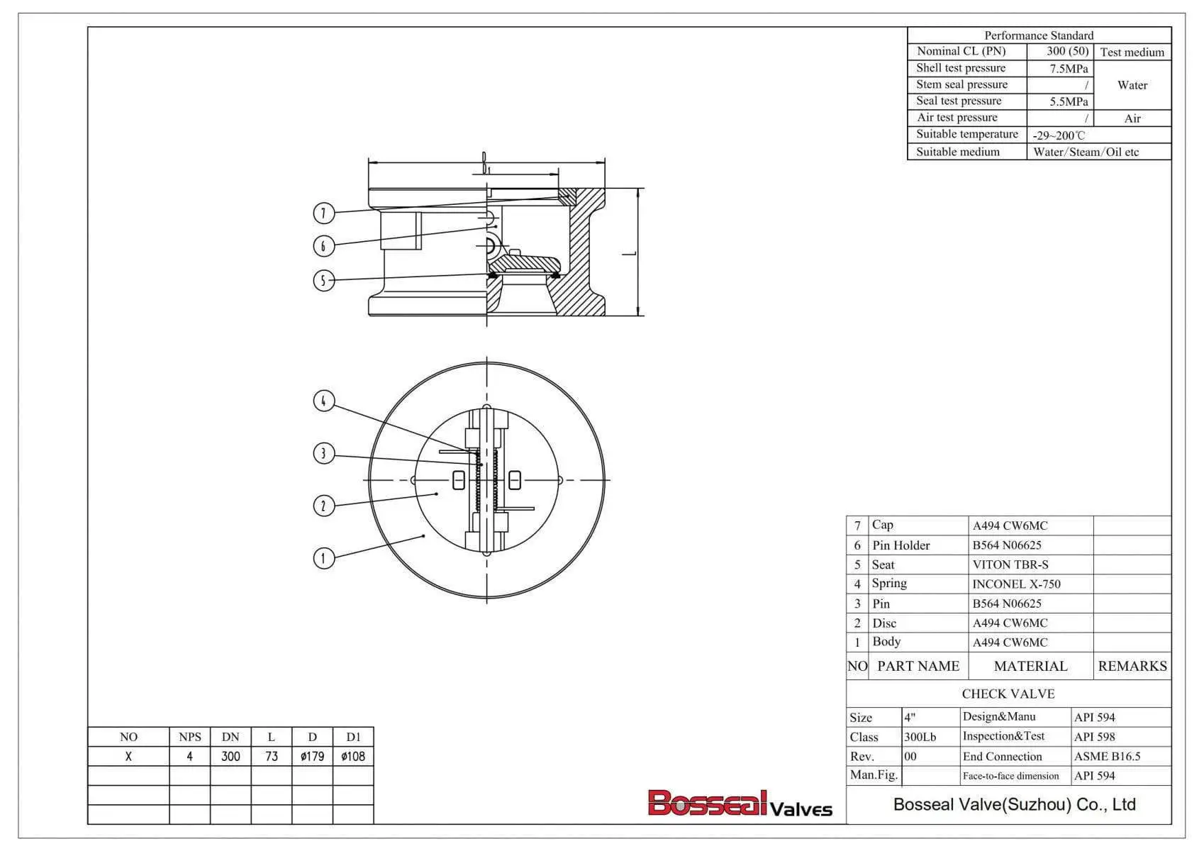 Inconel Dual Plate Check Valve Tech Drawing