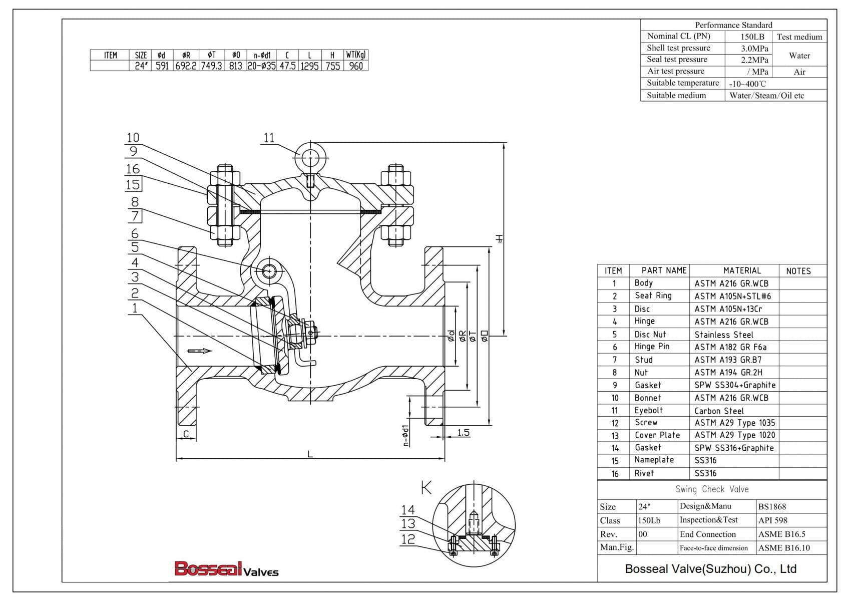 ASTM A216 WCB Swing Check Valve Tech Drawing