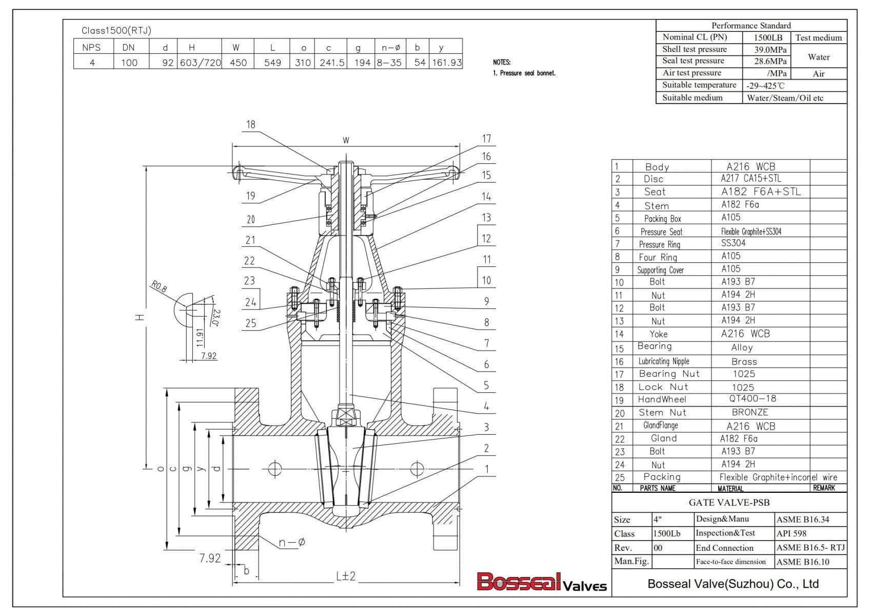 ASTM A216 WCB Wedge Gate Valve Tech Drawing