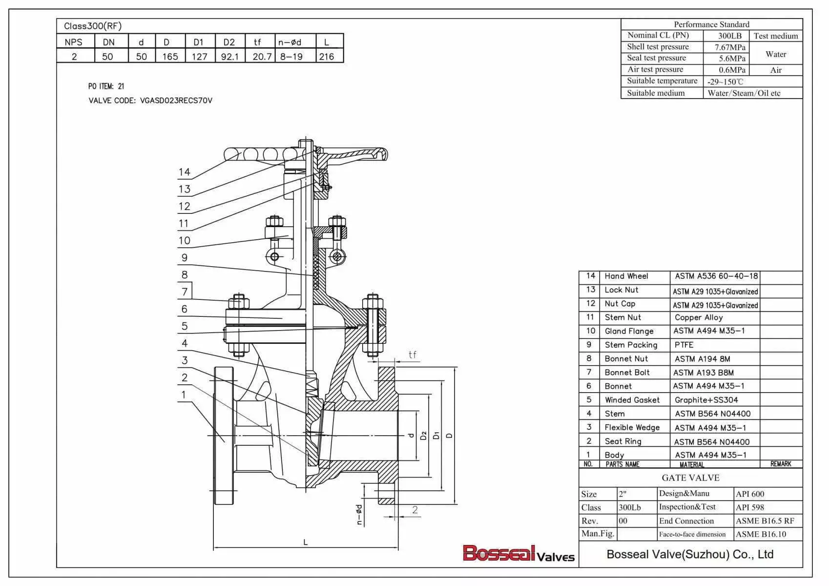 MONEL 400 ASTM A494 M35-1 Gate Valve Tech Drawing