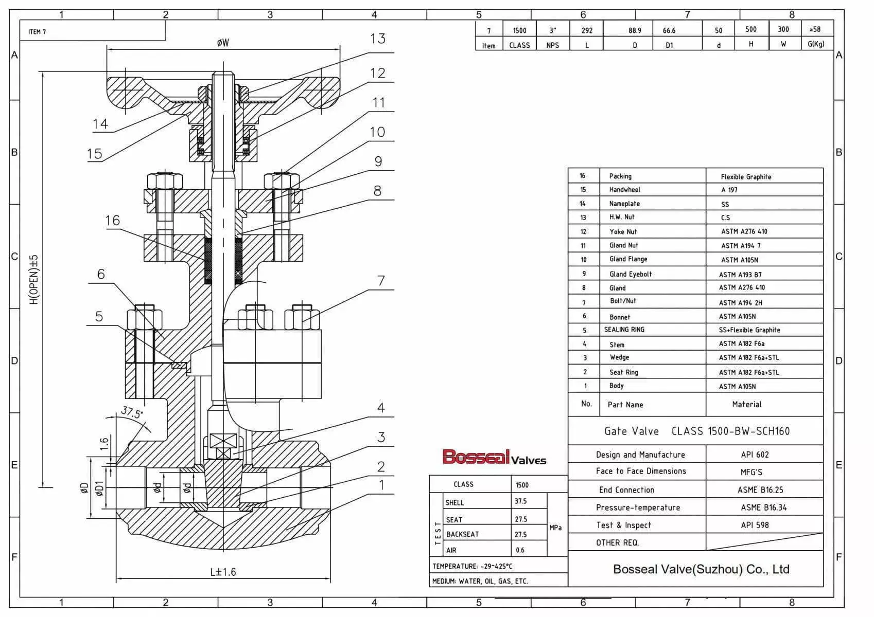 Bolted Bonnet Forged Gate Valve Tech Drawing