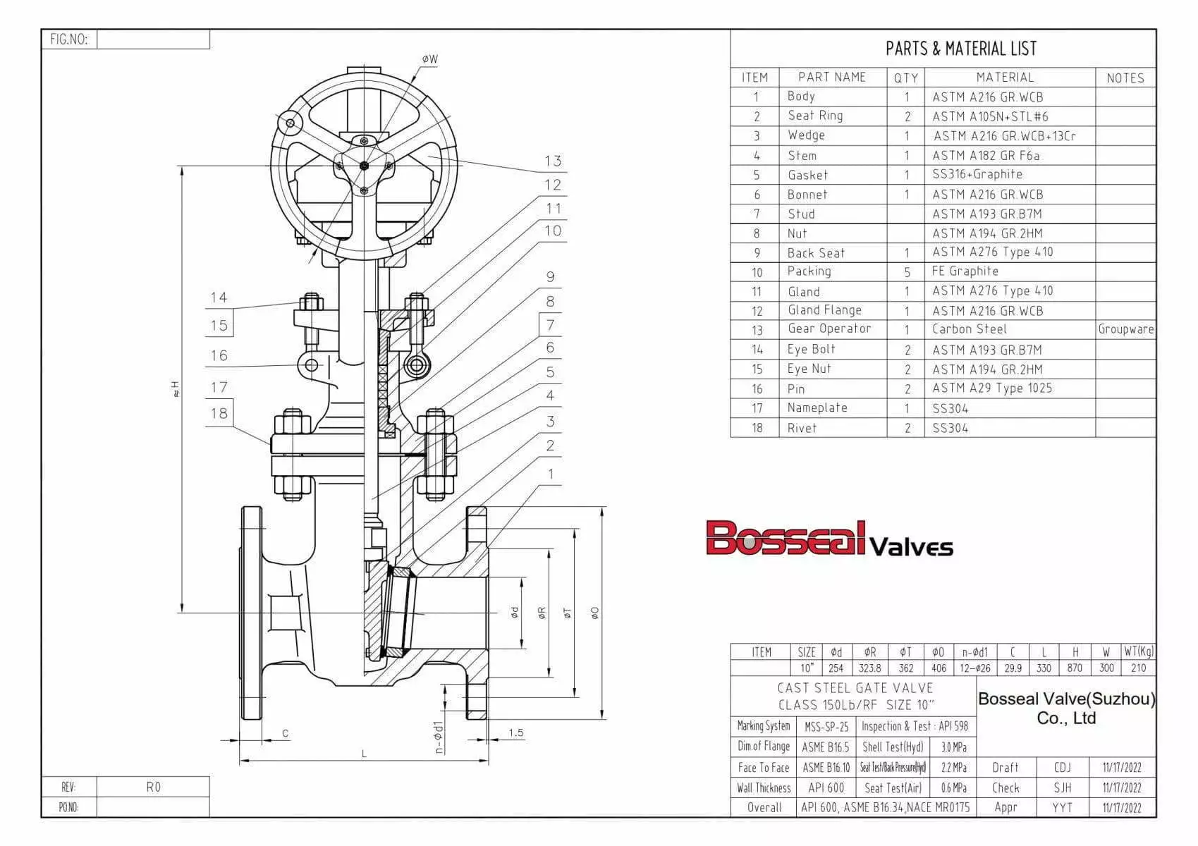 Gear Operated Gate Valve Tech Drawing