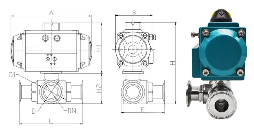 Pneumatic Sanitary 3-way Clamp Ball Control Valve Design