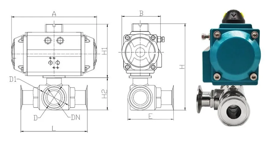 Pneumatic Sanitary 3-way Clamp Ball Control Valve Design