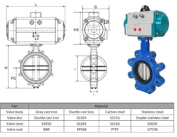 Pneumatic Lug Type Control Butterfly Valve Parts and Materials