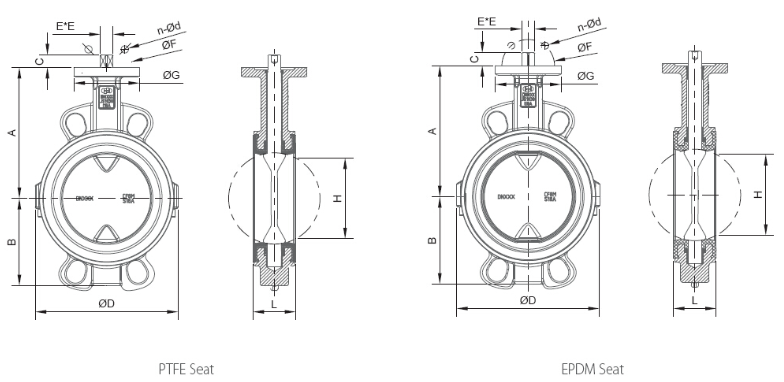 Drawing of PTFE LIned Butterfly Control Valve