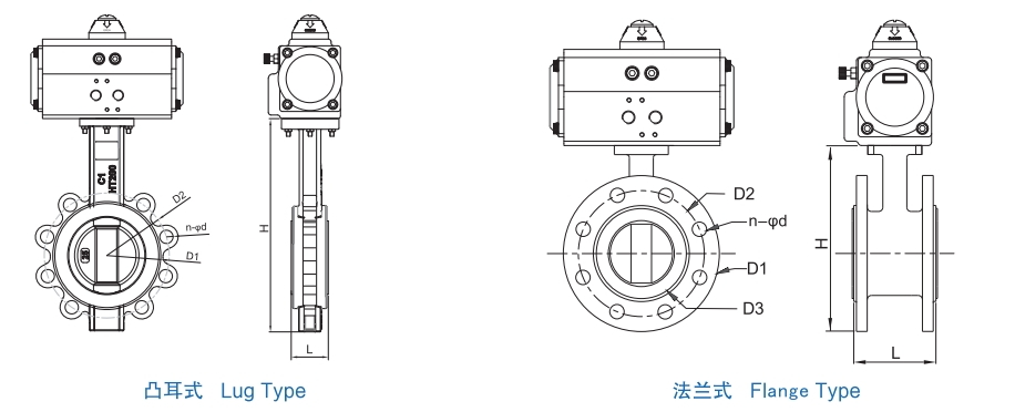 Dimension of Pneumatic PTFE Lined Butterfly Valves