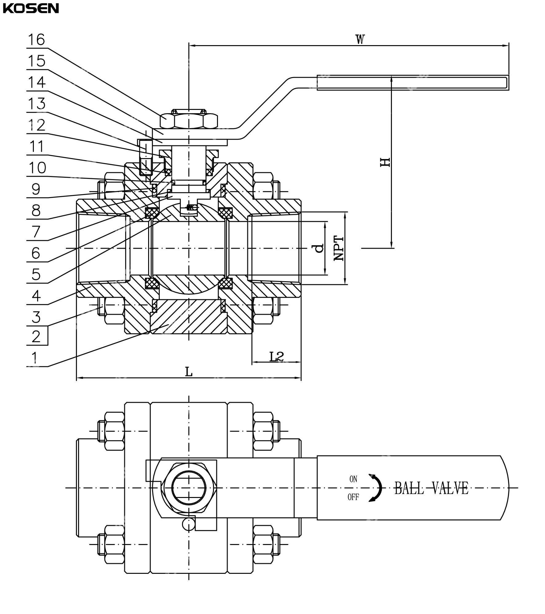 3-piece Forged Steel Ball Valve Structural Diagram