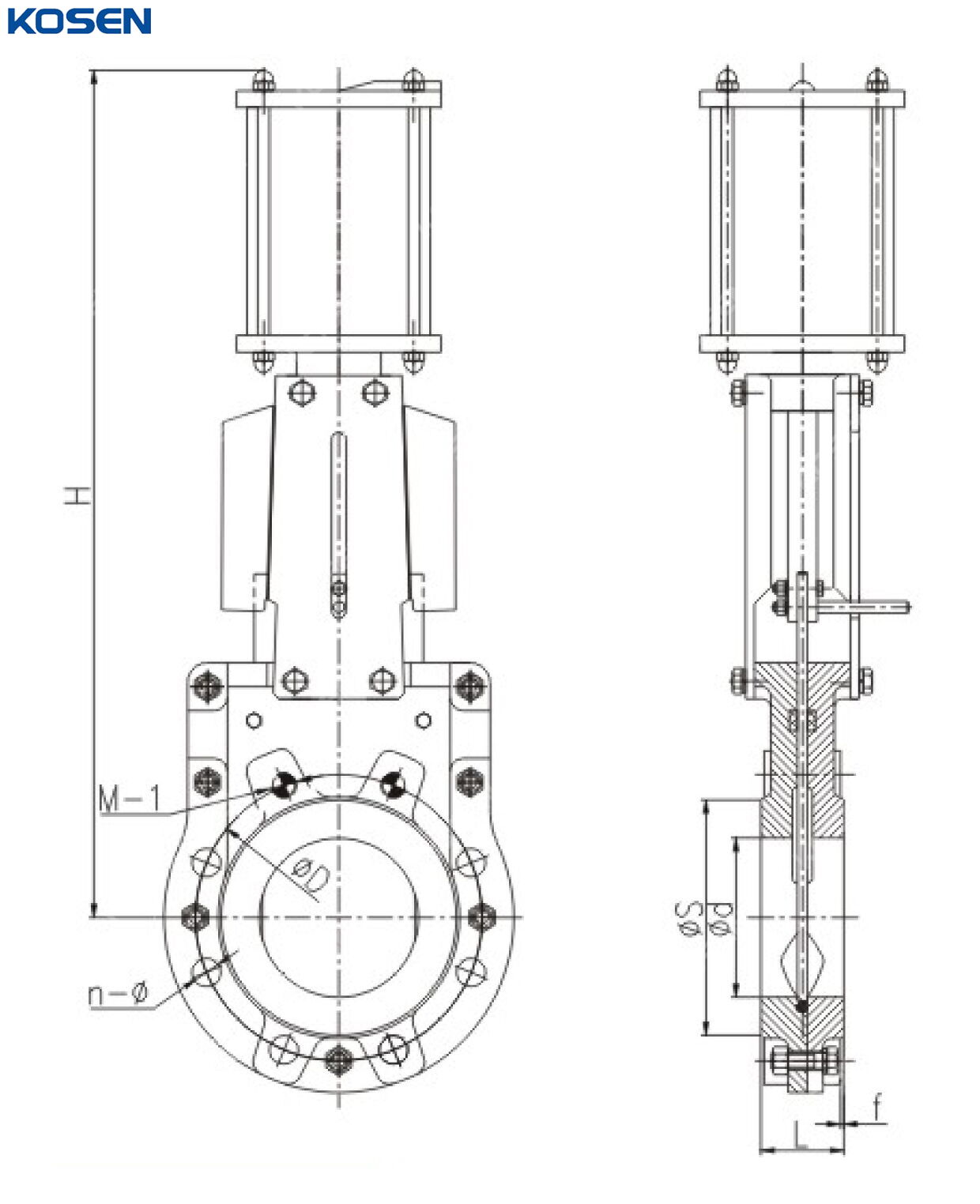 Pneumatic Bidirectional Knife Gate Valve Structural Diagram