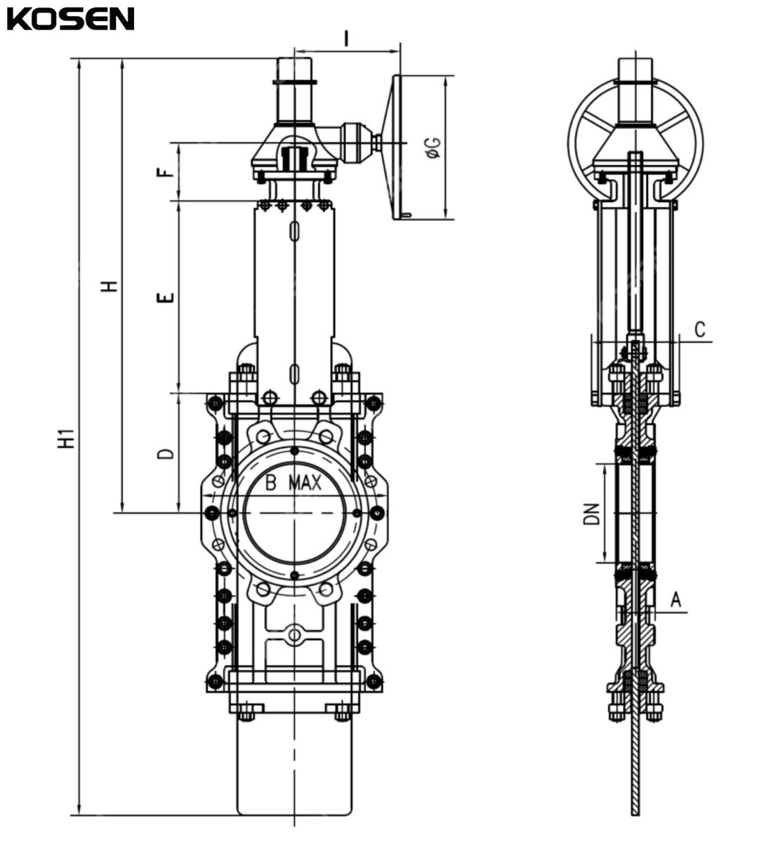 Wafer Through Conduit Knife Gate Valve Structural Diagram