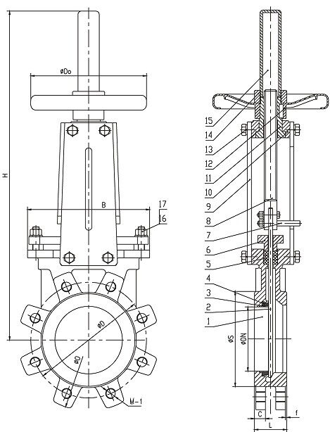 Structural Diagram of ASTM A216 WCB Knife Gate Valve, Rising Stem Structural Diagram of ASTM A216 WCB Knife Gate Valve, Rising Stem