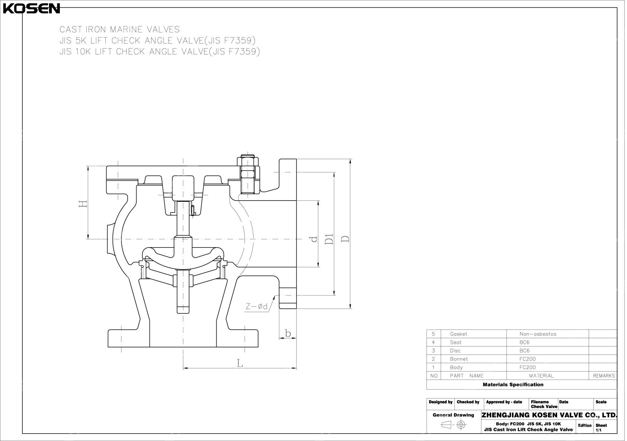 JIS Cast Iron Lift Check Angle Valve Technical Drawing