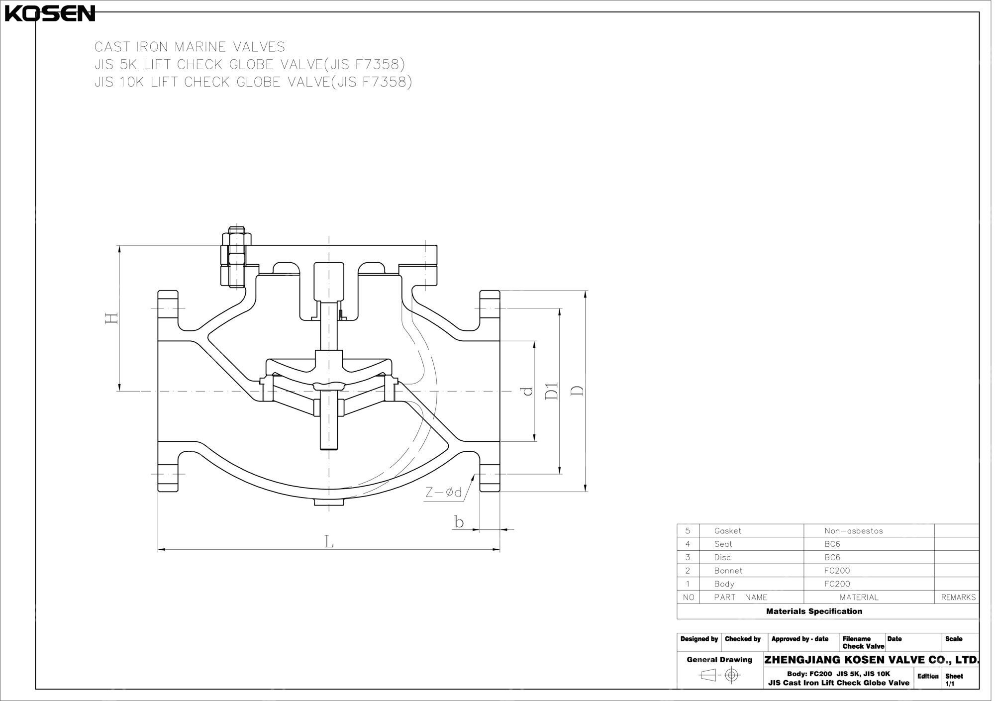 JIS F7358 Lift Check Globe Valve Technical Drawing
