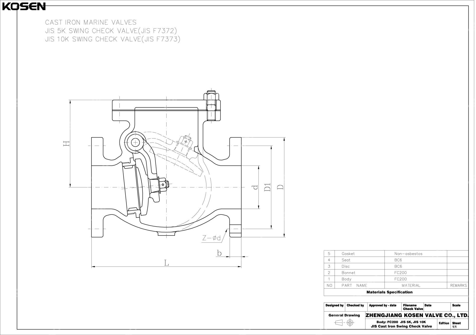 JIS F7373 Swing Check Valve Technical Drawing