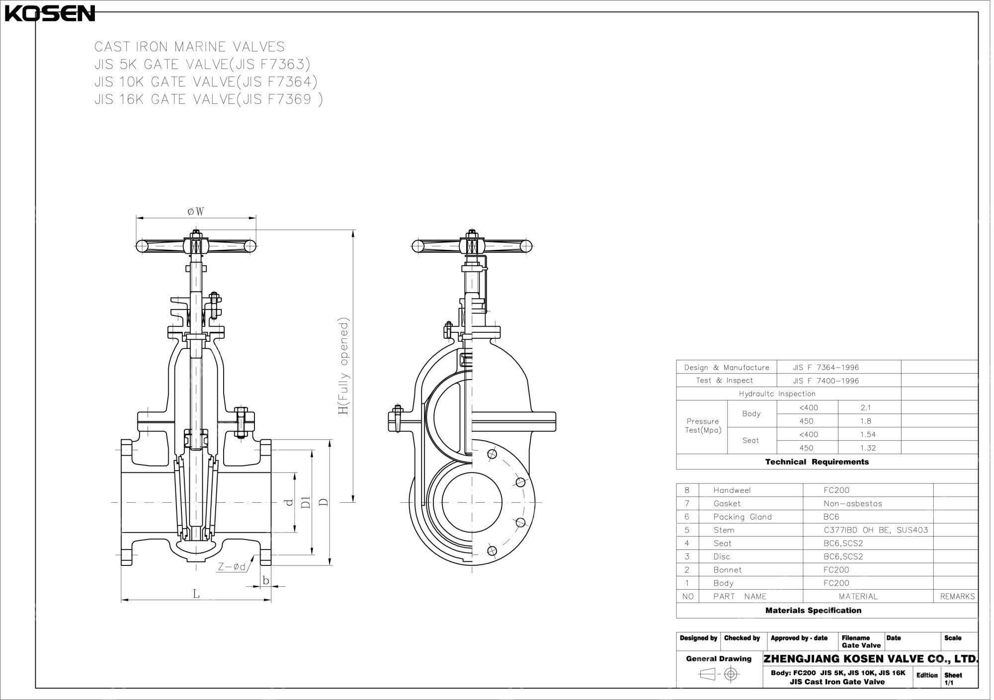 JIS F7364 Marine Gate Valve Technical Drawing