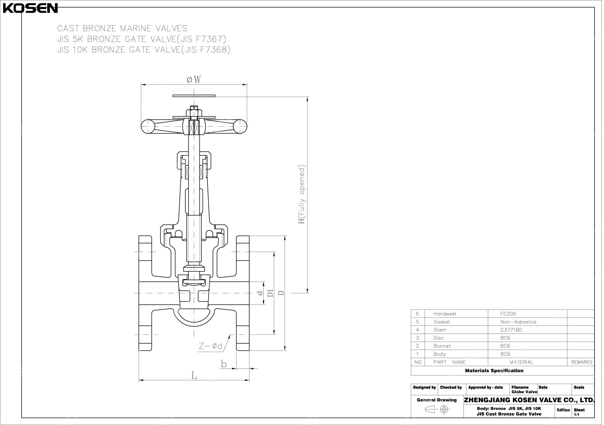 JIS F7368 Marine Gate Valve Technical Drawing