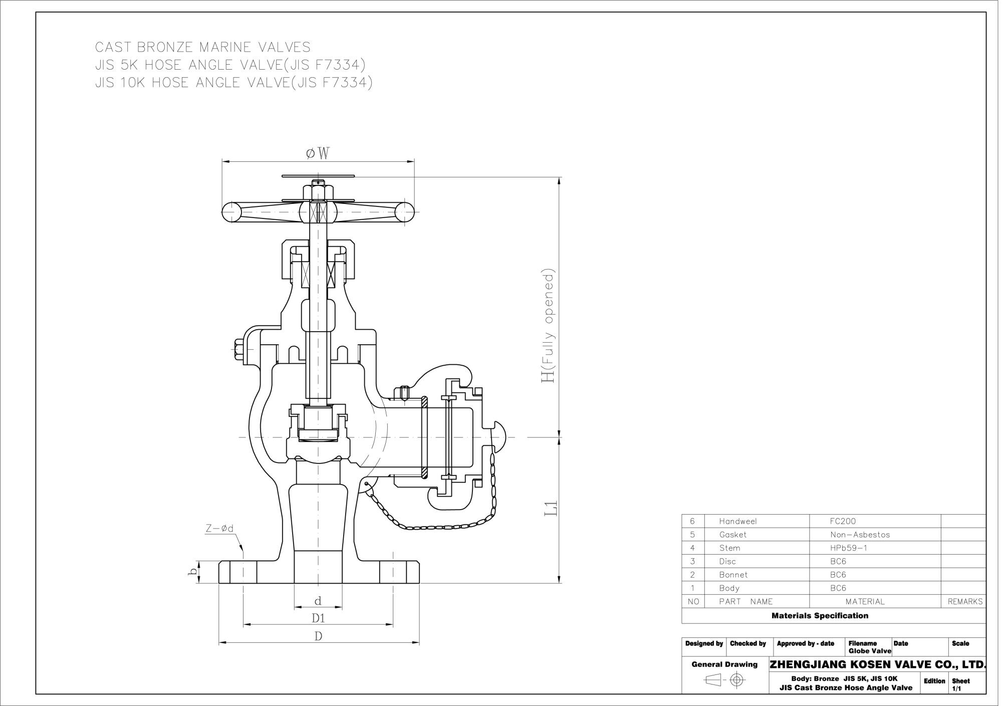 Cast Bronze Hose Angle Globe Valve Technical Drawing