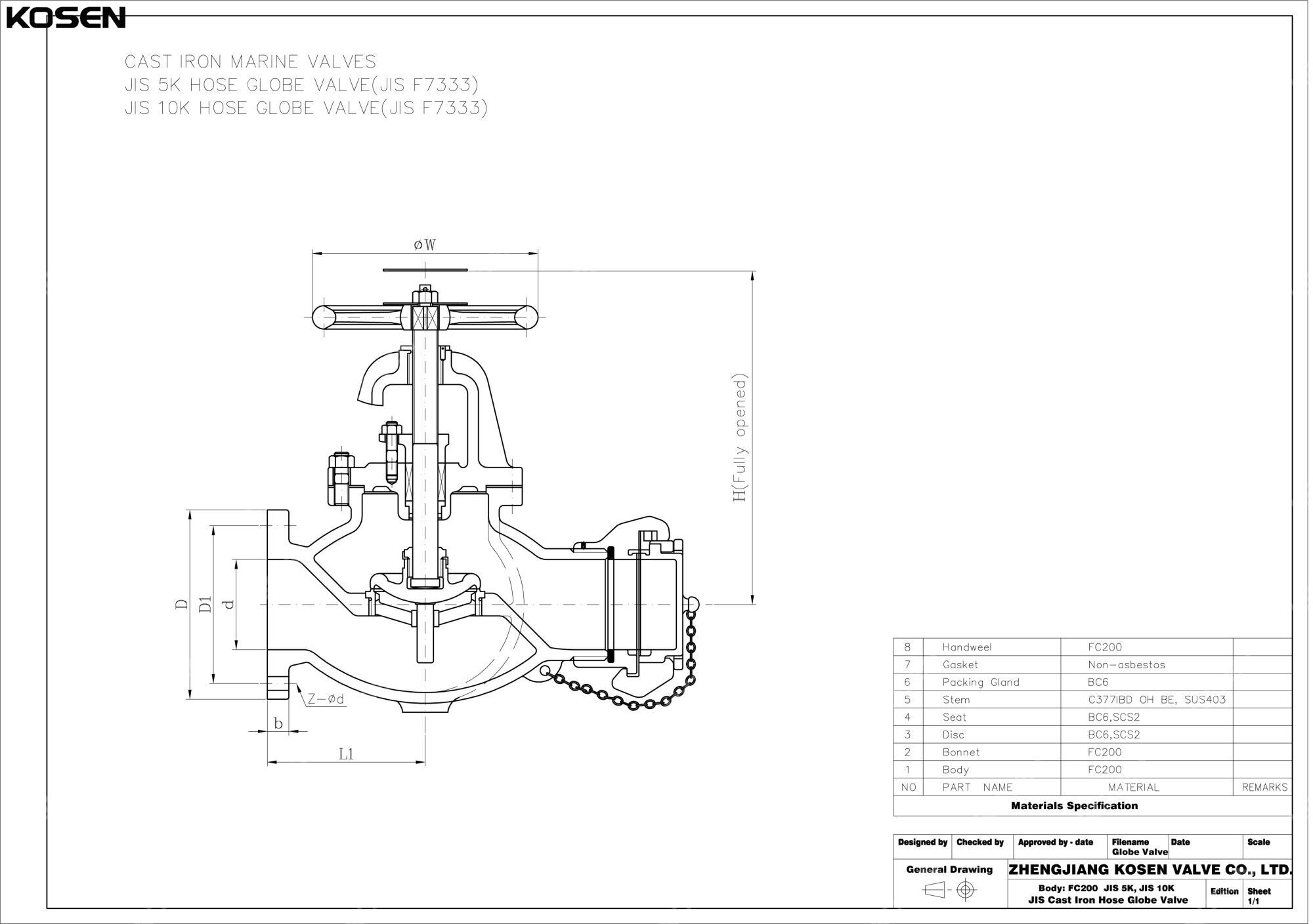 Cast Iron Hose Globe Valve Technical Drawing