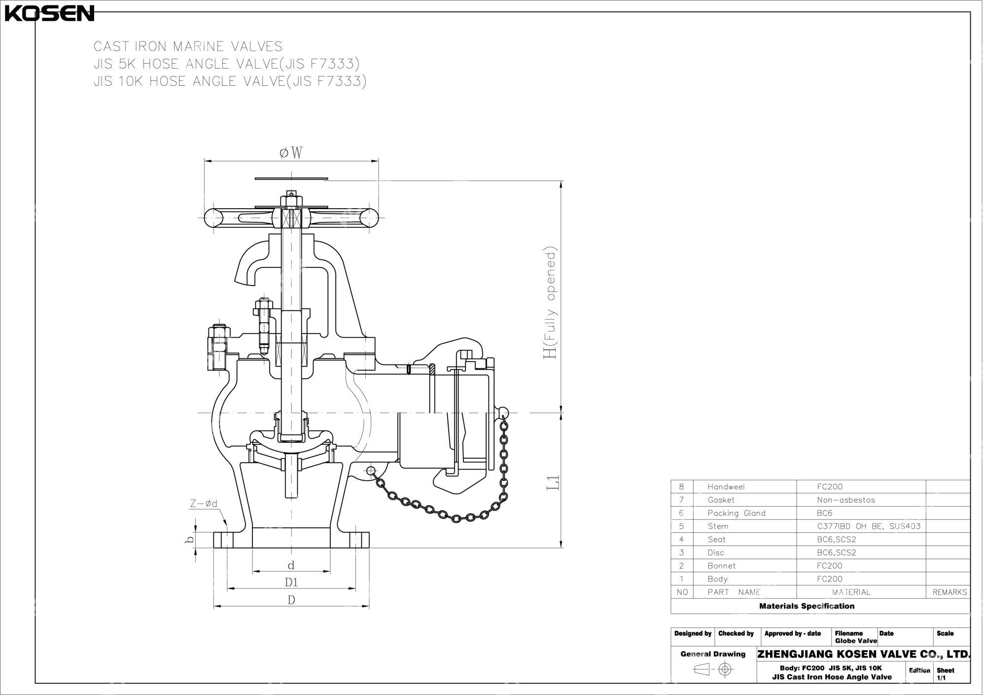 Hose Angle Globe Valve Technical Drawing