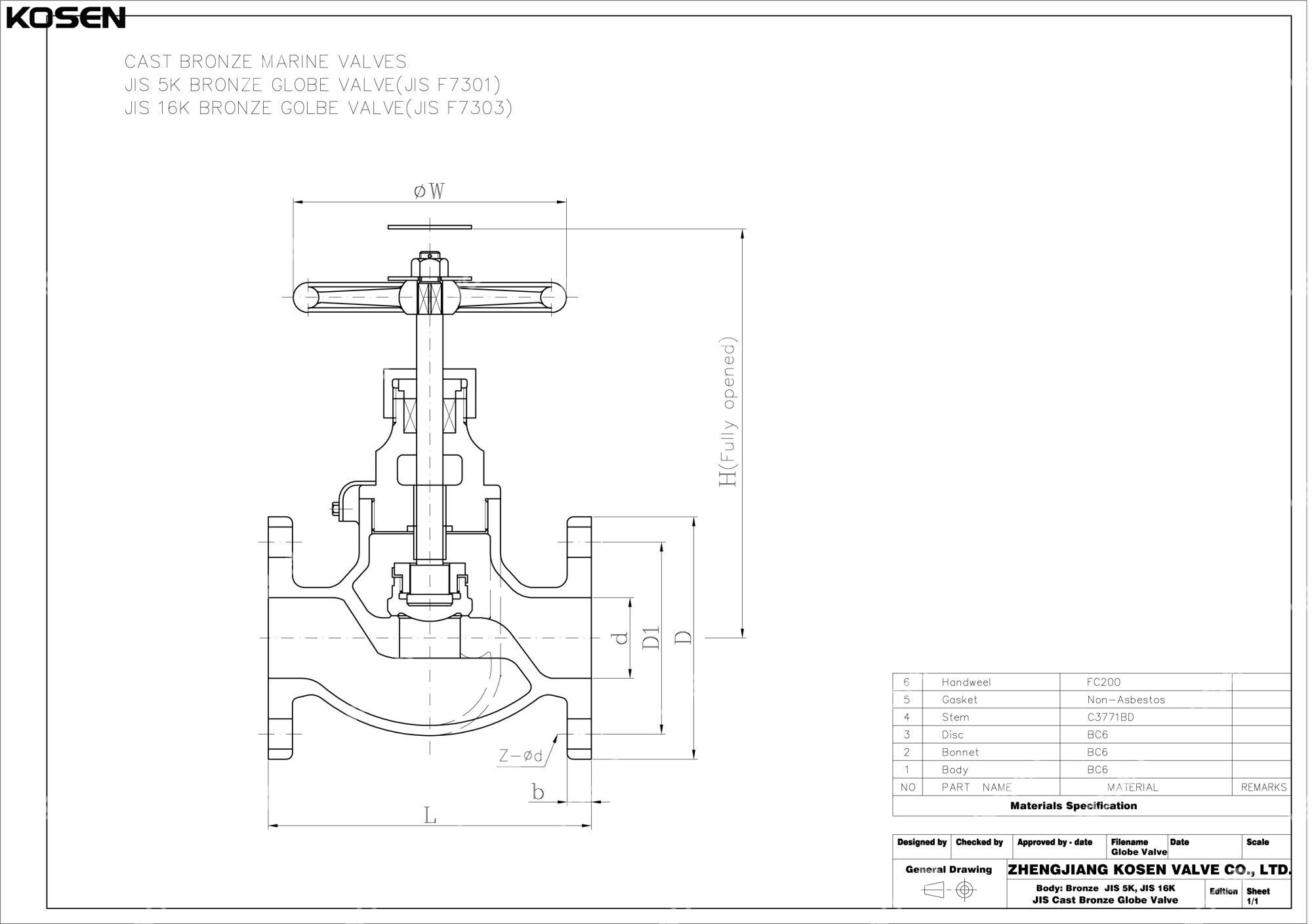 JIS F7301 Globe Valve Technical Drawing