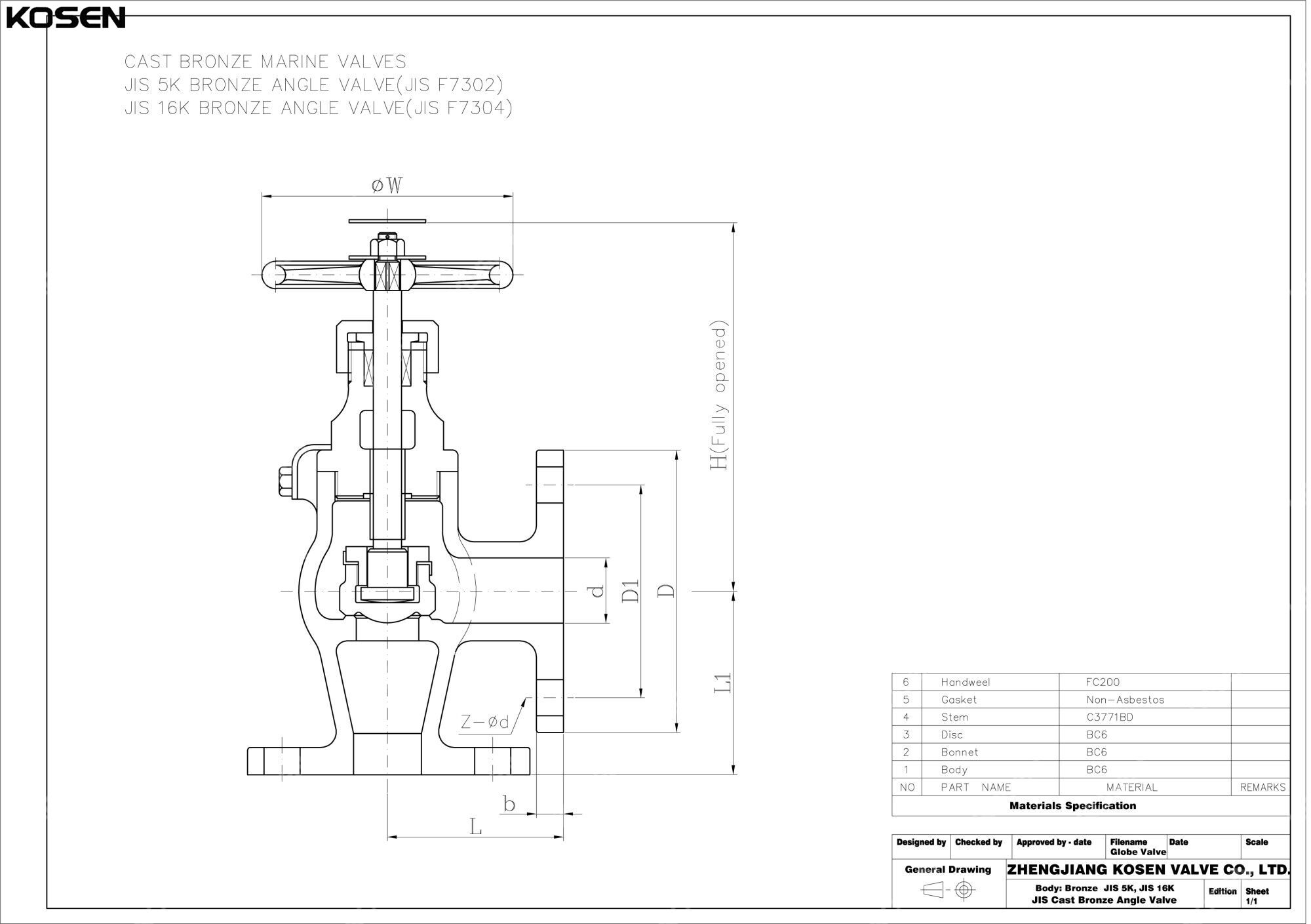 JIS F7302 Angle Globe Valve Technical Drawing