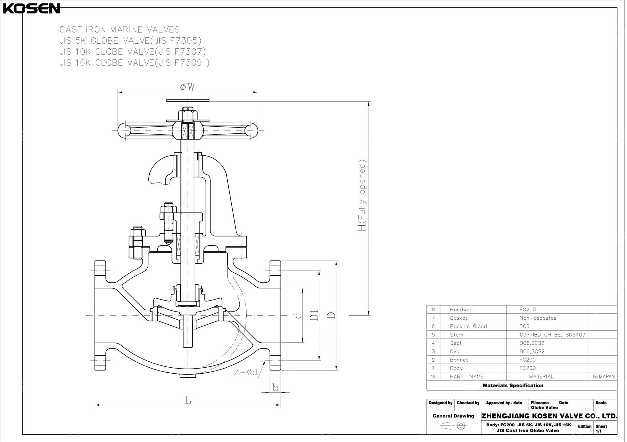 JIS F7305 Marine Globe Valve Technical Drawing