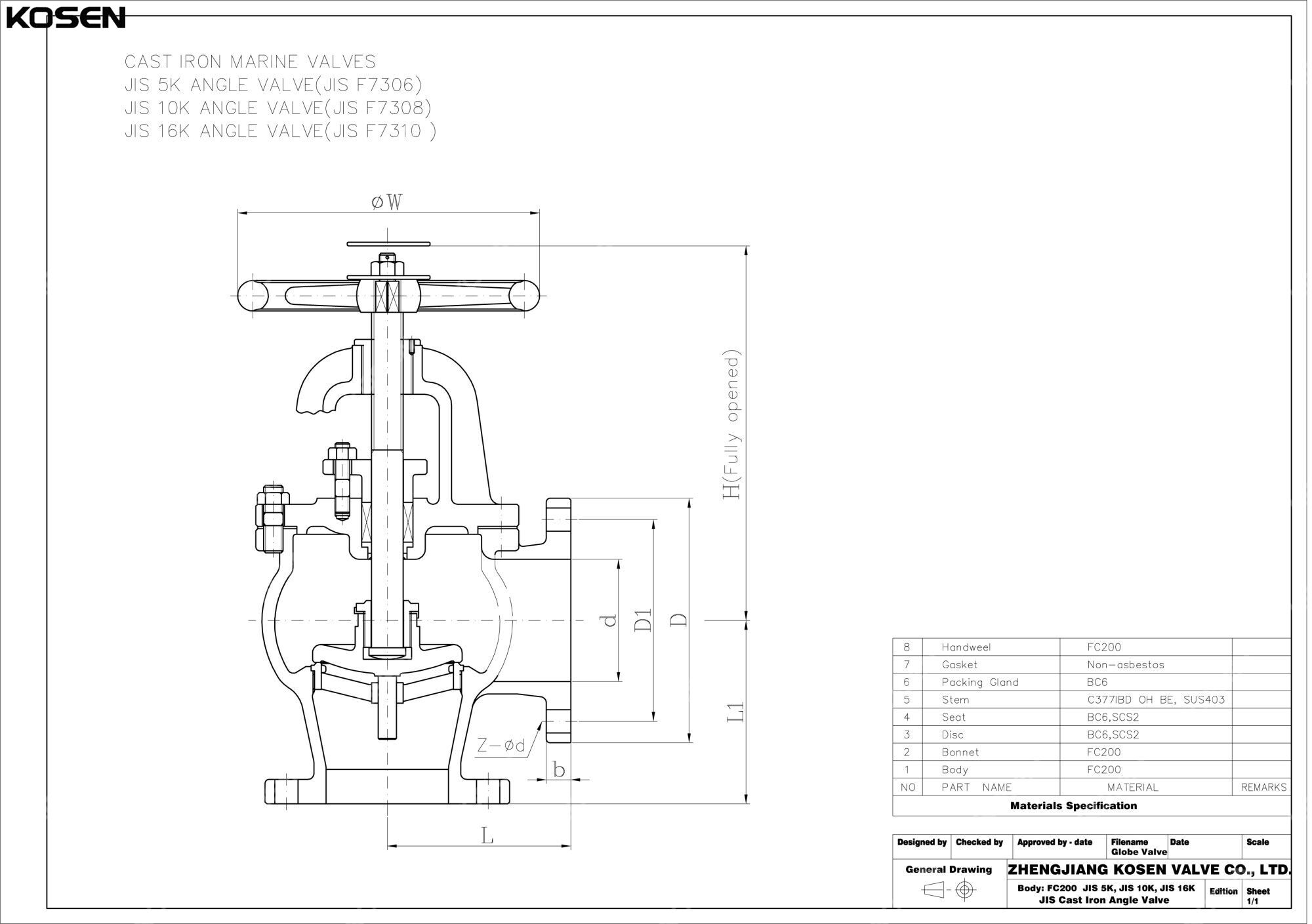 JIS F7306 Angle Globe Valve Technical Drawing