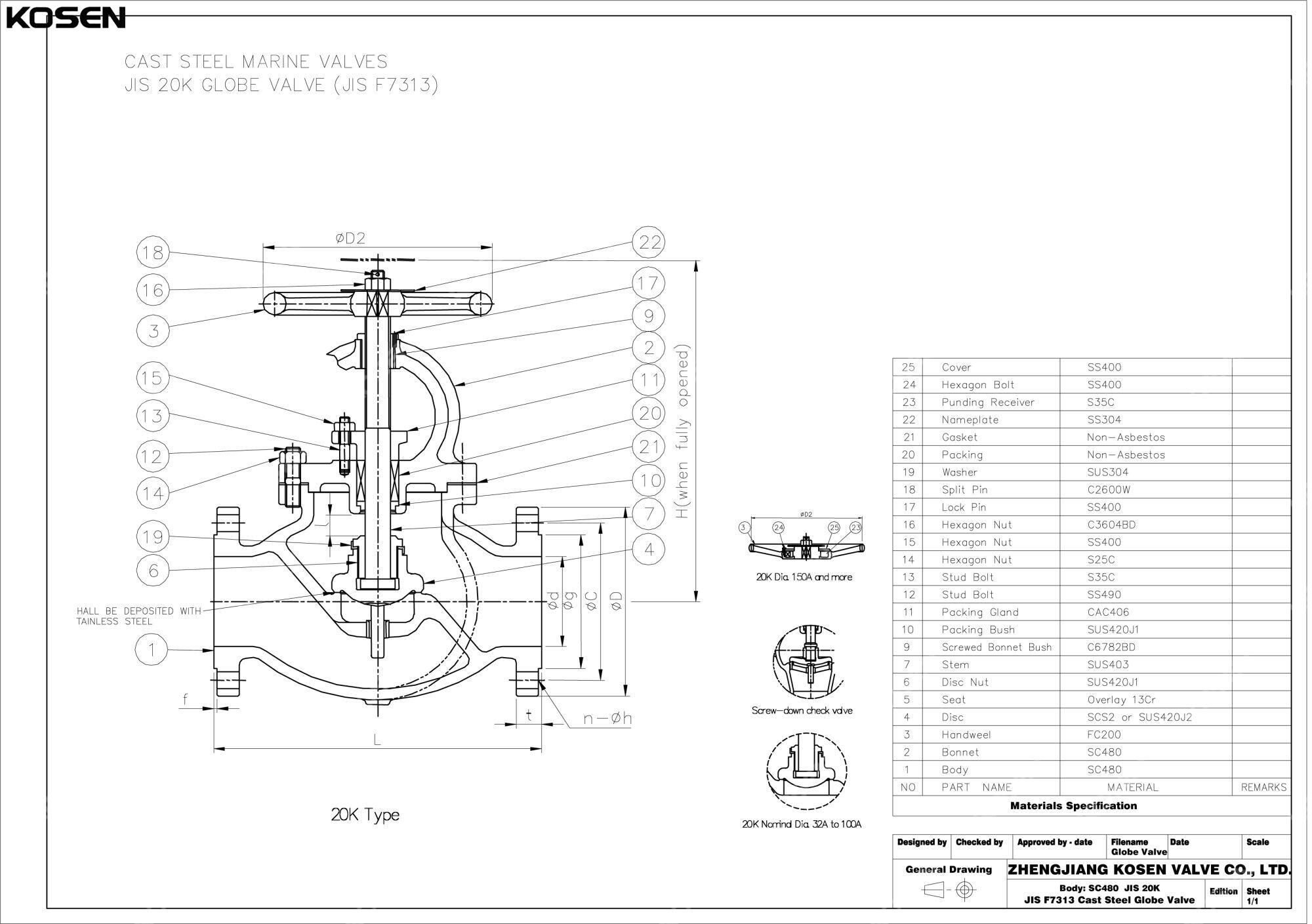 JIS F7313 Marine Globe Valve Technical Drawing