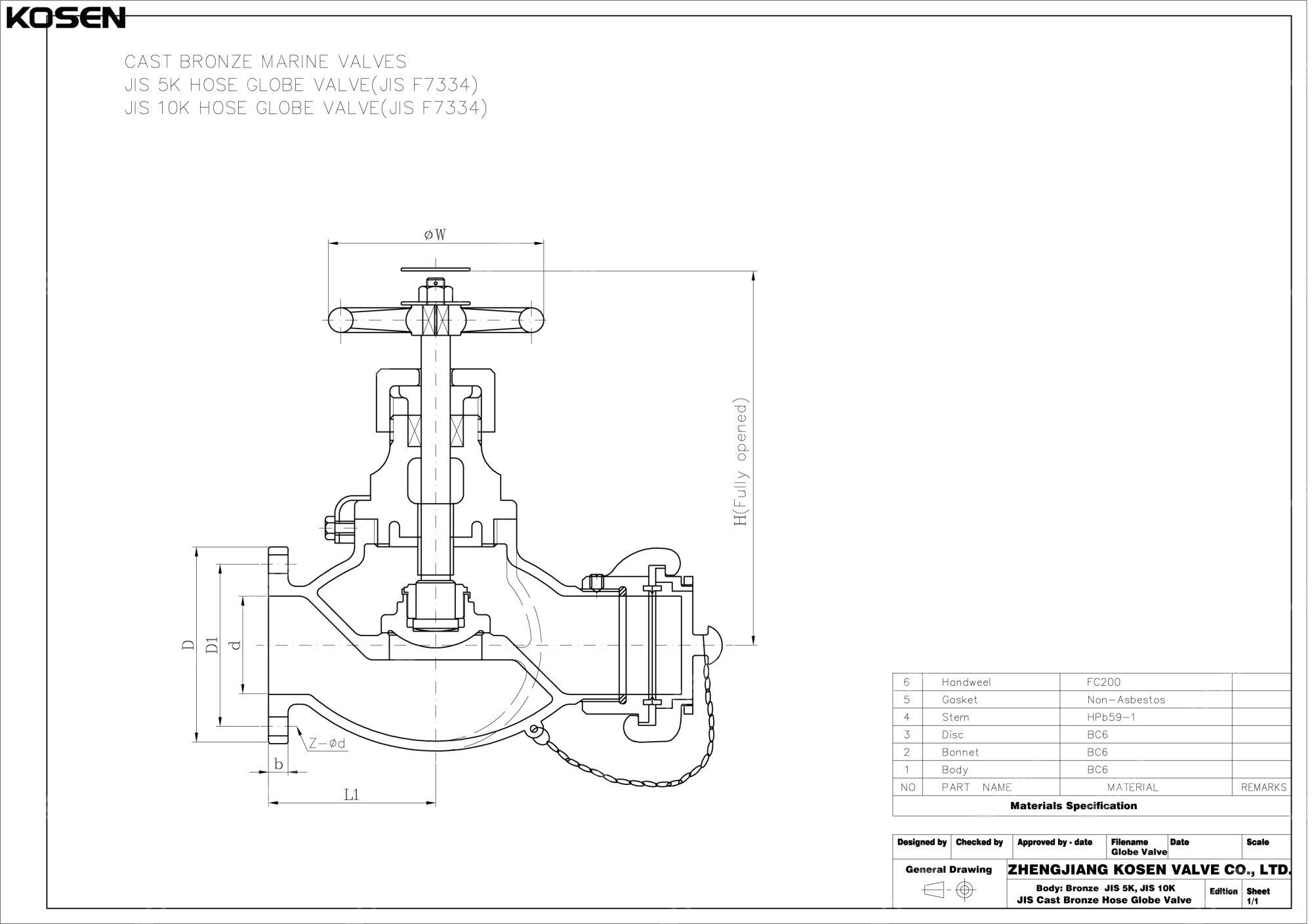 JIS F7334 Hose Globe Valve Technical Drawing
