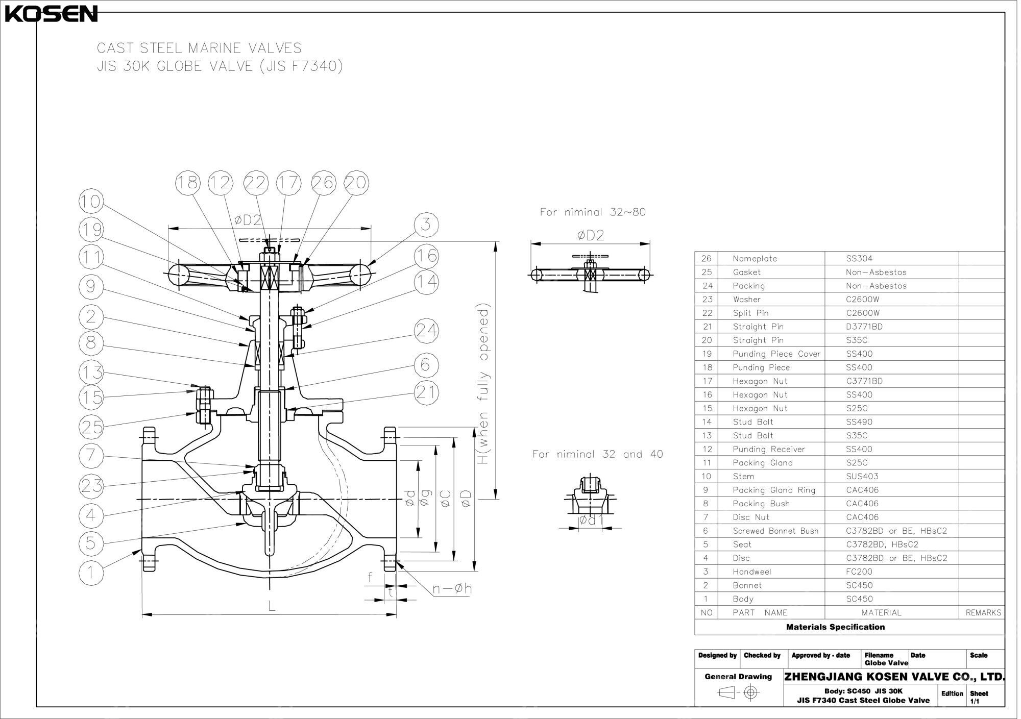 JIS F7340 Cast Steel Globe Valve Technical Drawing