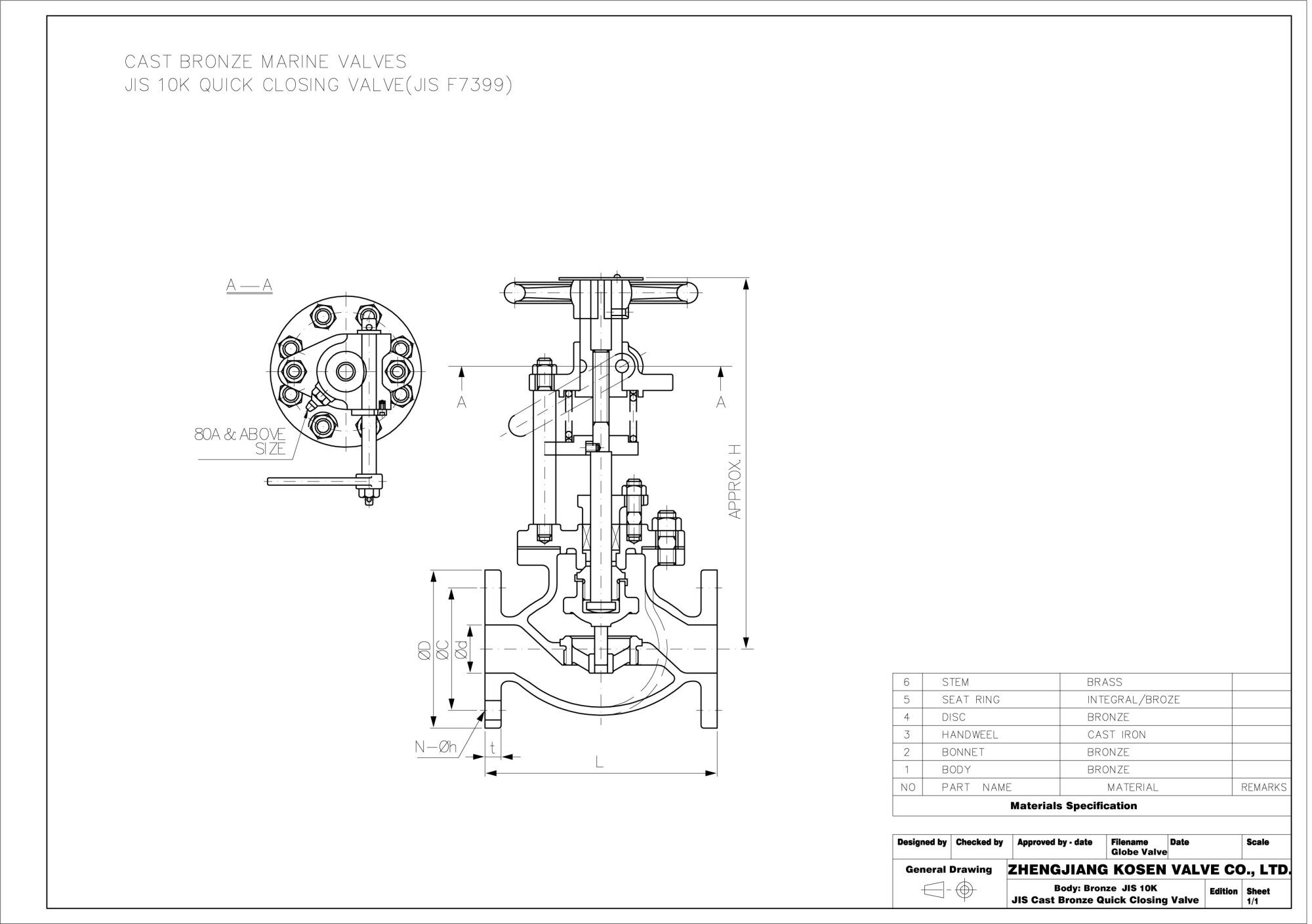 JIS F7399 Quick Closing Valve Technical Drawing