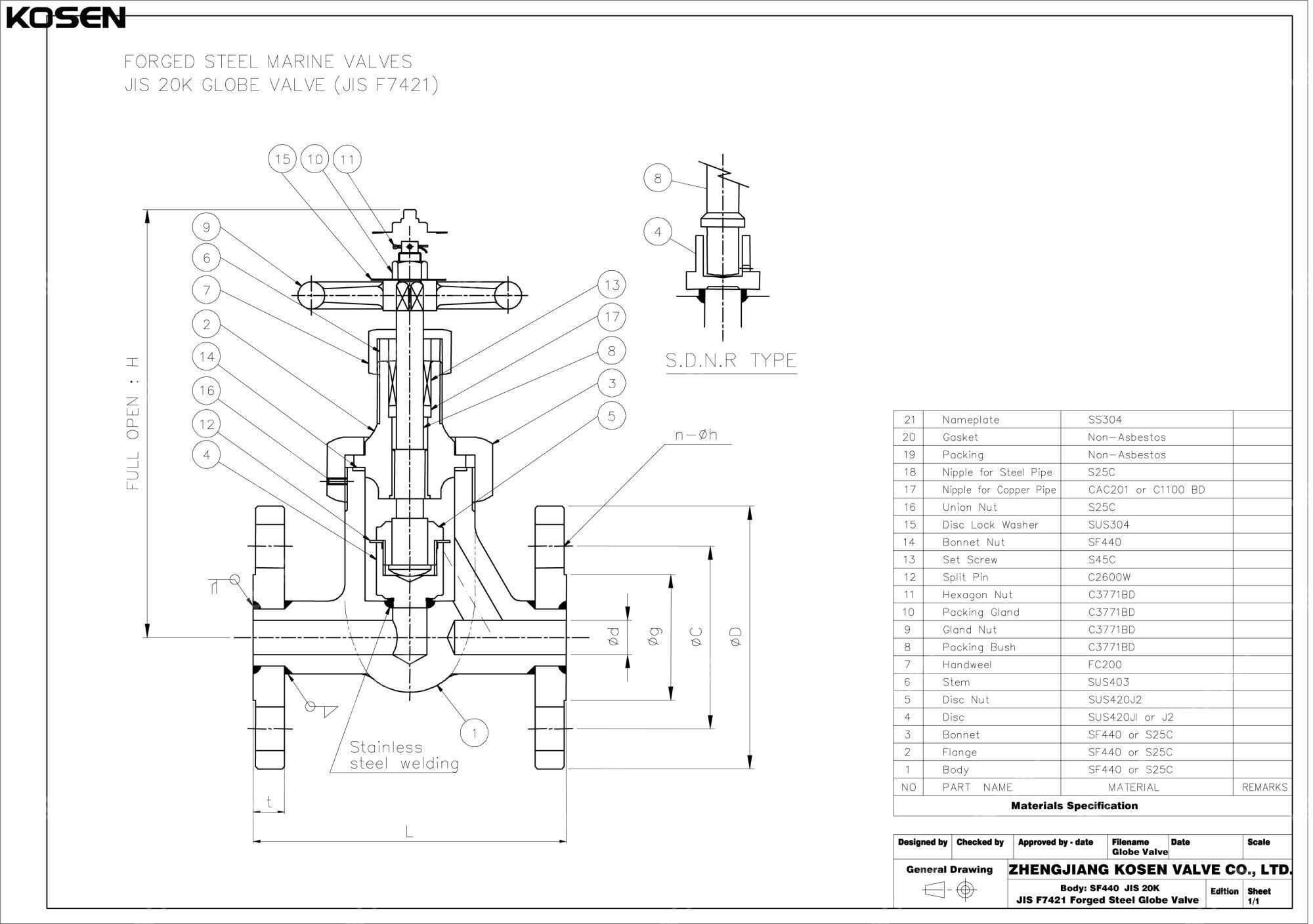 JIS F7421 Marine Forged Steel Globe Valve Technical Drawing