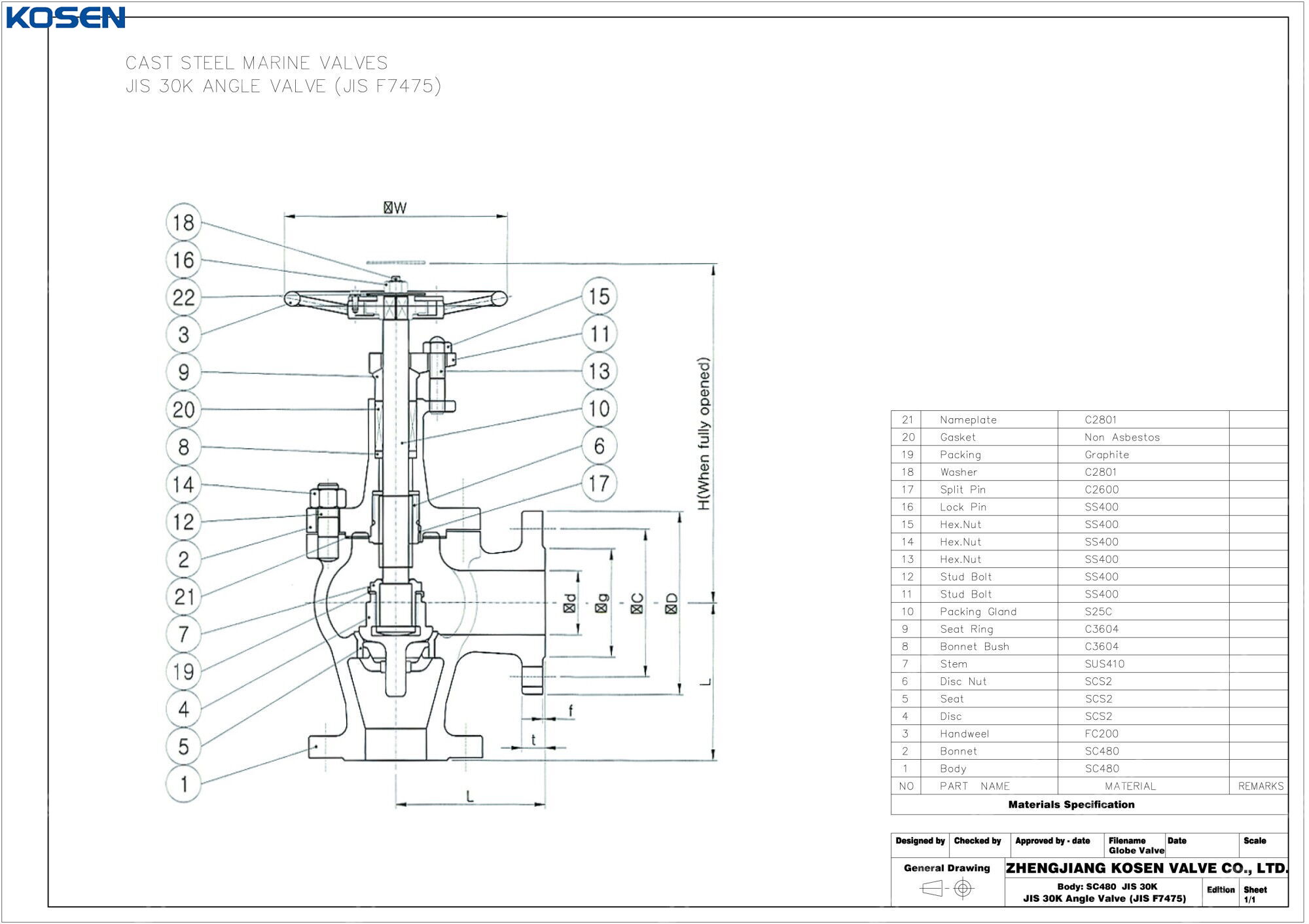 JIS F7475 Angle Globe Valve Technical Drawing