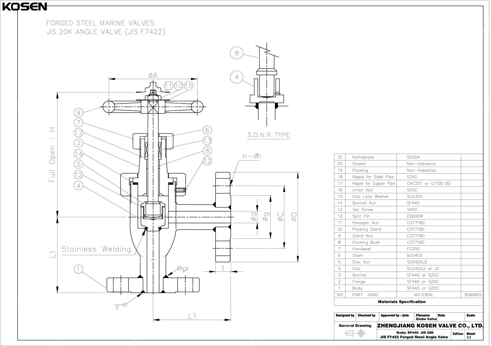 Marine Angle Globe Valve Technical Drawing