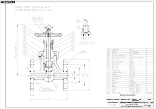 JIS F7421 Marine Forged Steel Globe Valve Technical Drawing