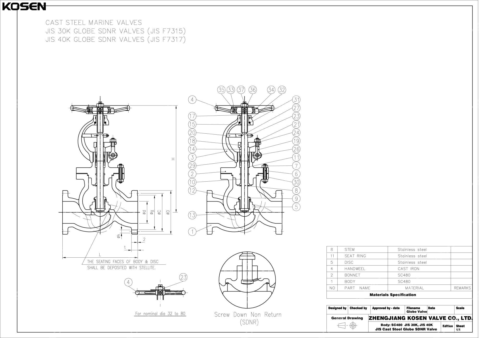 SDNR Globe Valve Technical Drawing